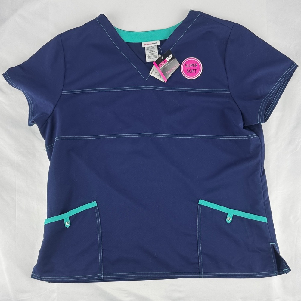 NWT Scrubstar Super Soft Top In Navy with Teal Highlights